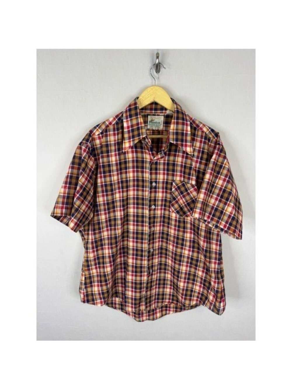 Vintage 70s Mohawk Mens XL Plaid Short Sleeve Button Down Shirt Red Blue Yellow